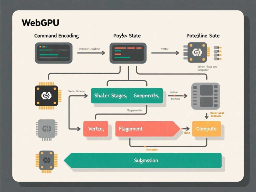 Diagram of WebGPU buffers, compute shaders, and outputs during inference.