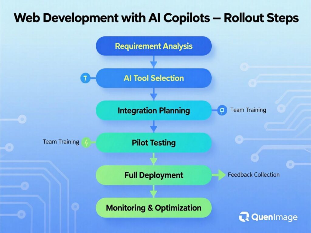 “Five-step rollout plan for Web Development with AI Copilots.” Placement: Above the 5-step rollout