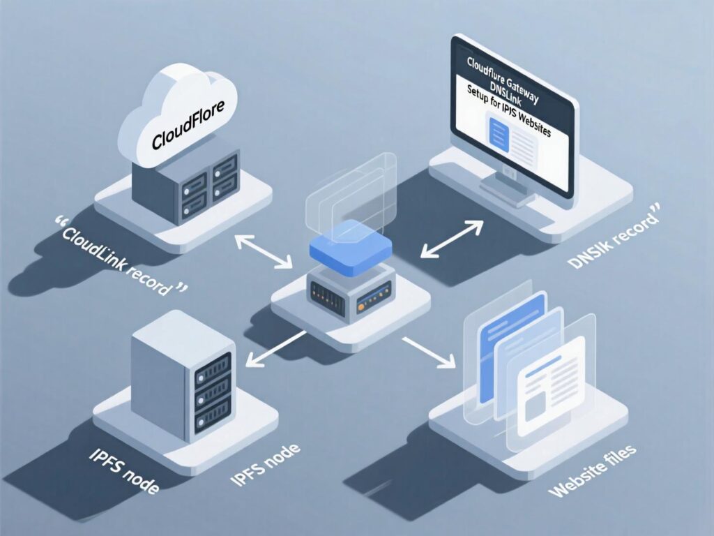 Screenshot-style illustration of mapping a custom hostname to Cloudflare IPFS gateway with DNSLink.