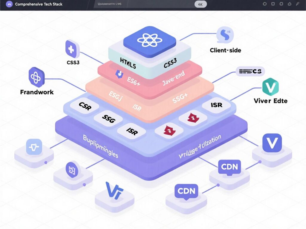 Comparison chart of CSR, SSR, SSG, and ISR for a tech stack for a modern website.