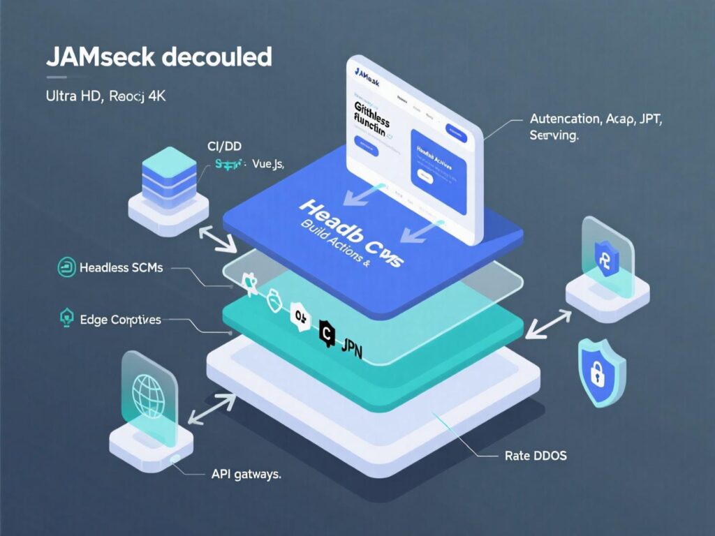 Jamstack decoupled architecture illustrating APIs and edge functions for a tech stack for a modern website.