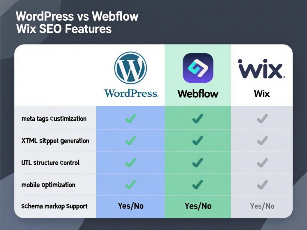 “SEO features comparison: WordPress plugins vs Webflow controls vs Wix structured data”