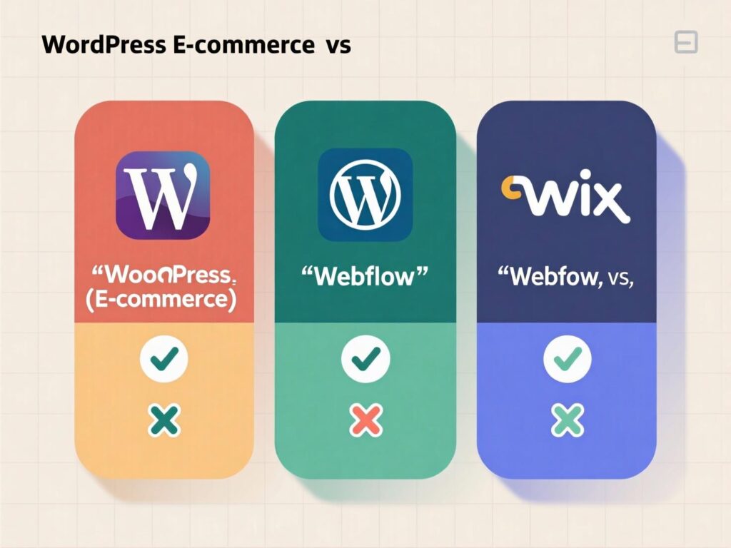 “E-commerce options in WordPress (WooCommerce) vs Webflow vs Wix”