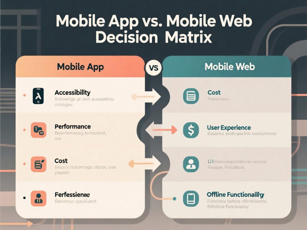 Decision matrix for choosing mobile app vs mobile web by use case and frequency.