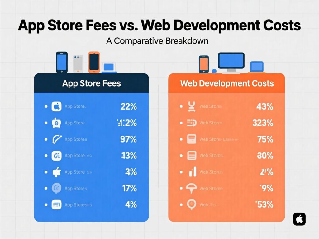 Bar chart showing app-store commission tiers vs web payment processing fees.