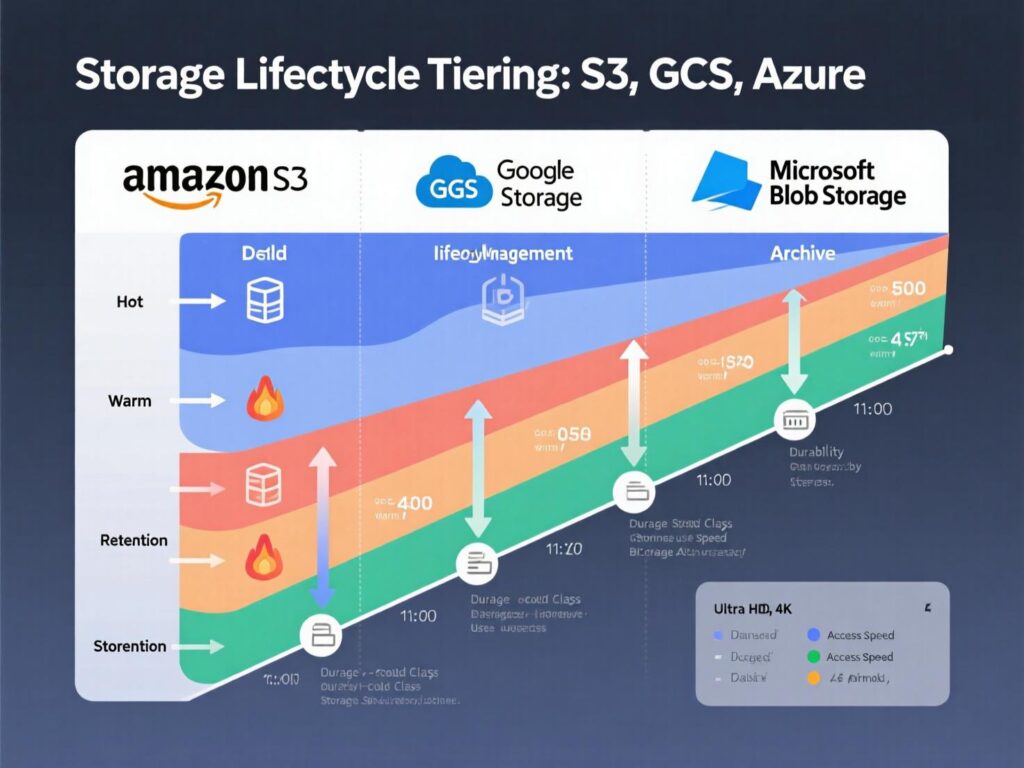 Lifecycle flow moving objects from hot storage to colder tiers across AWS/GCP/Azure.