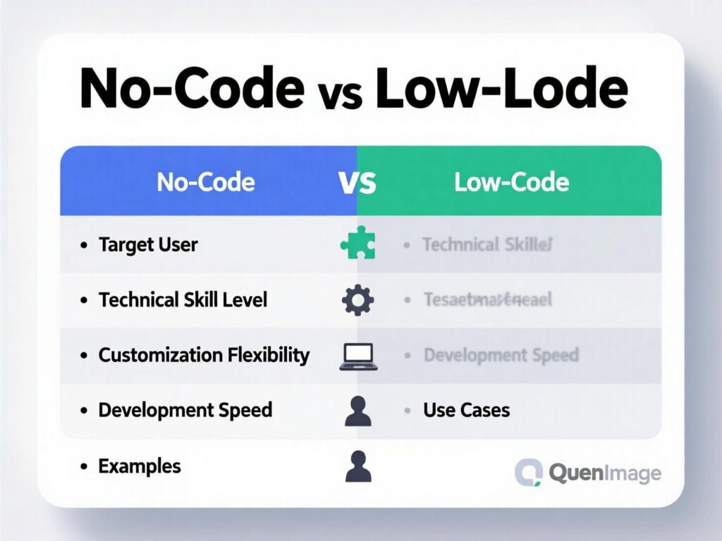 “Side-by-side table comparing no-code vs low-code across users, speed, integrations, and governance.”