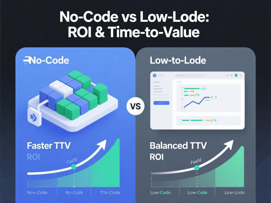 “Chart illustrating faster time-to-value for no-code and scalability ROI for low-code.”