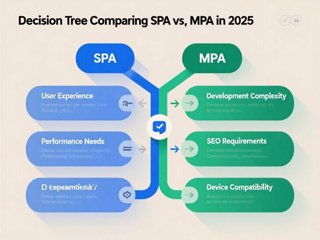 “Decision tree for choosing SPA vs MPA by SEO, performance, and DX.”