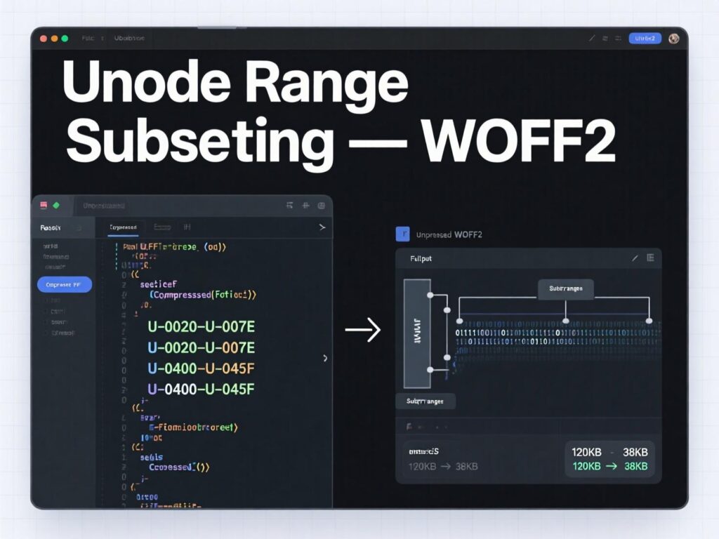 Visual of unicode-range subsets delivered as WOFF2 to reduce payload.