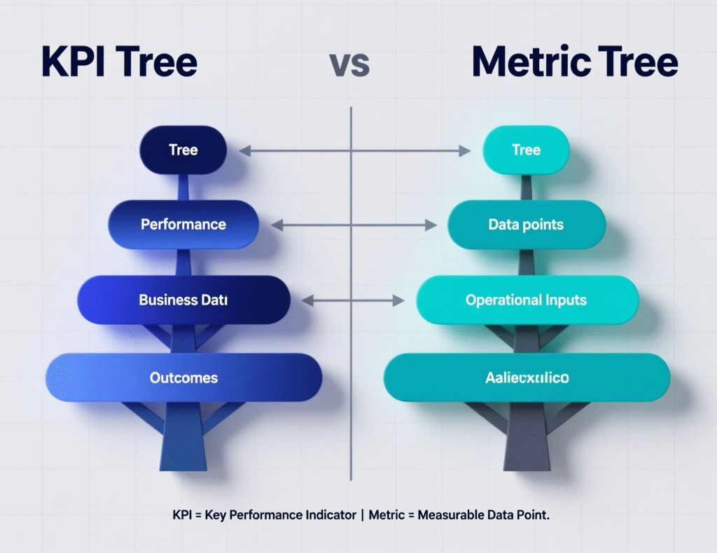 “Side-by-side comparison of KPI tree vs metric tree use cases.”