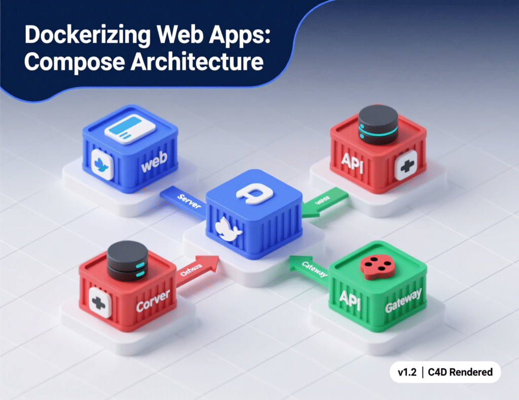 Compose v2 architecture for Dockerizing Web Apps with web, db, and cache services.”
