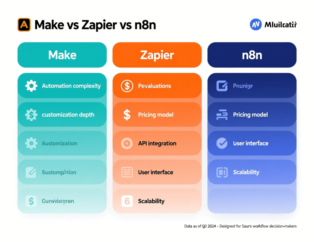 “Decision matrix to choose between Make vs Zapier vs n8n.”