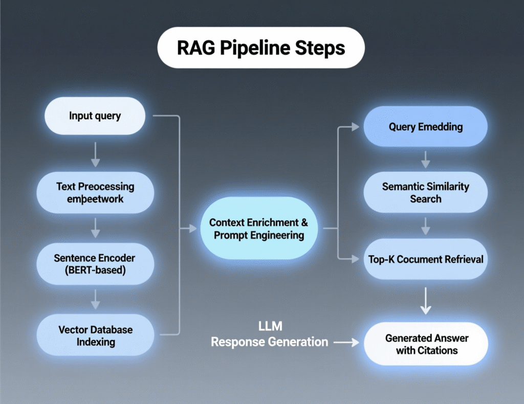 “RAG pipeline: ingest, embed, retrieve, rerank, generate with citations.”