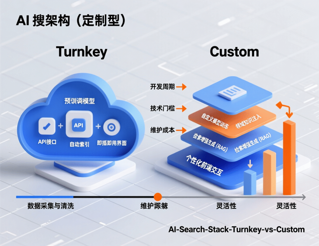 “Turnkey vs. custom AI search stack comparison.”