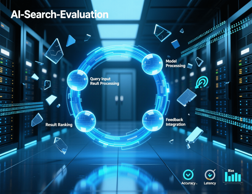 “Evaluation loop measuring relevance, accuracy, latency, and deflection.”