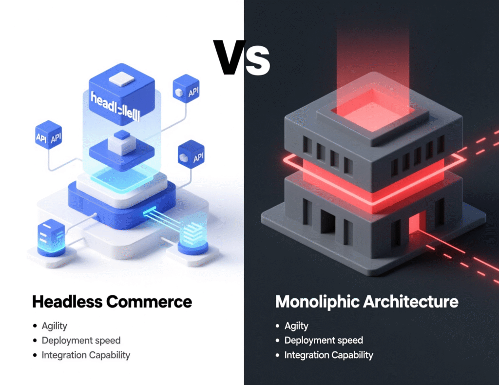 Side-by-side comparison of headless commerce vs monolithic platform capabilities.