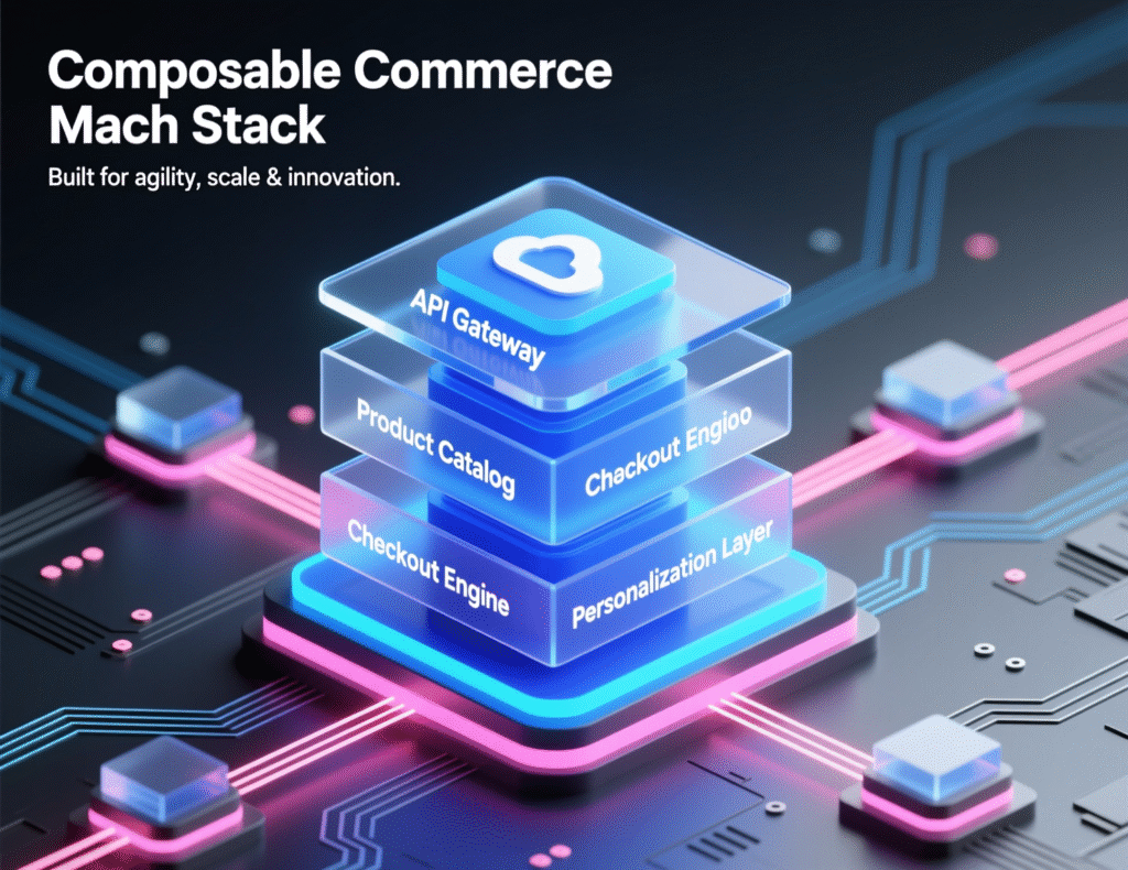 aligned composable commerce stack with CMS, search, PIM, payments.