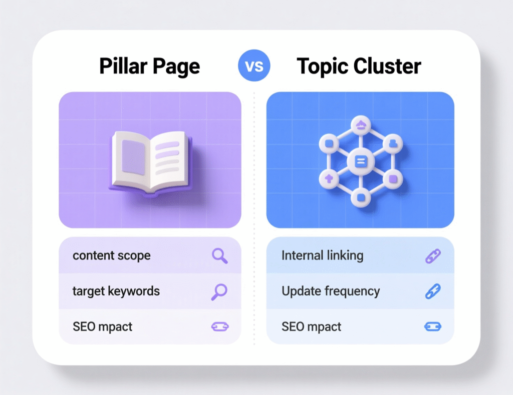 “Comparison of pillar pages, topic clusters, and SEO SILOs.”