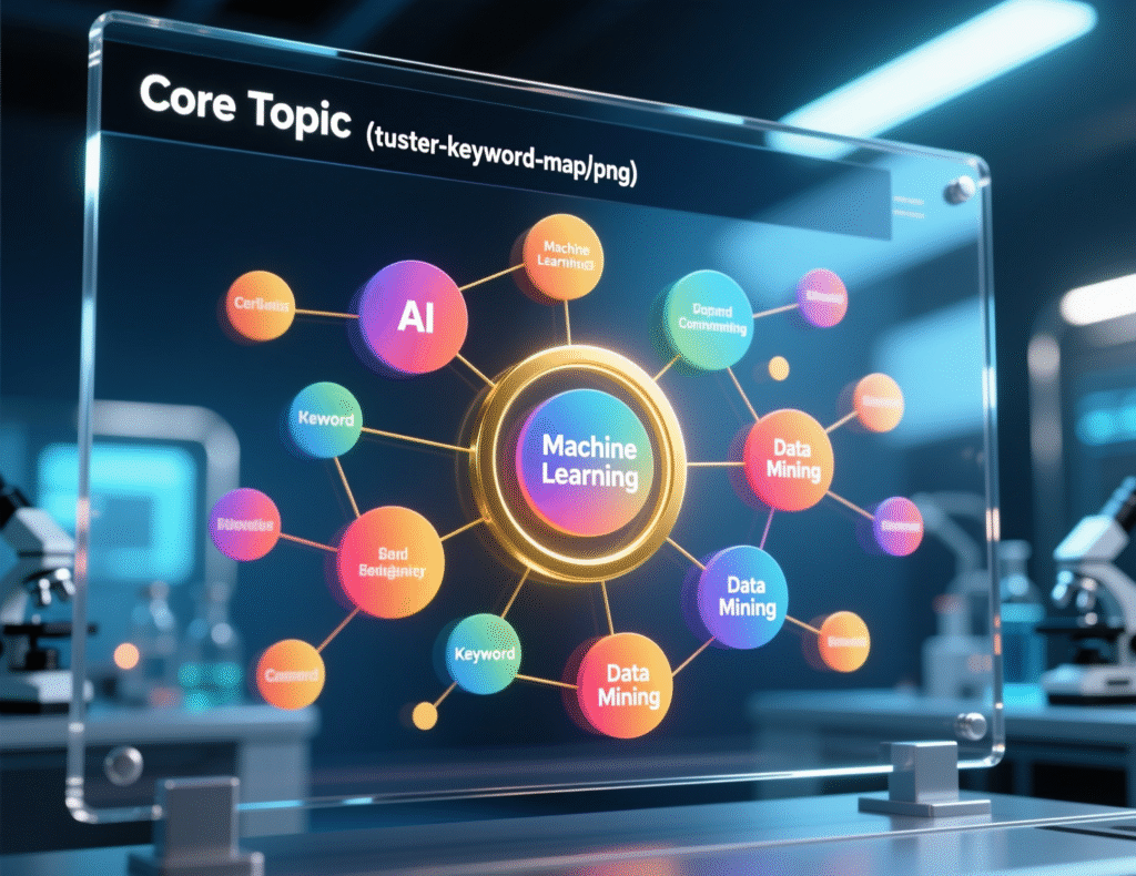 “Keyword map grouping intents for a topic cluster.”