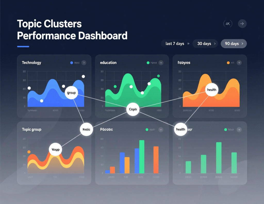 “Dashboard visualizing cluster-level impressions, CTR, and internal link CTR.”