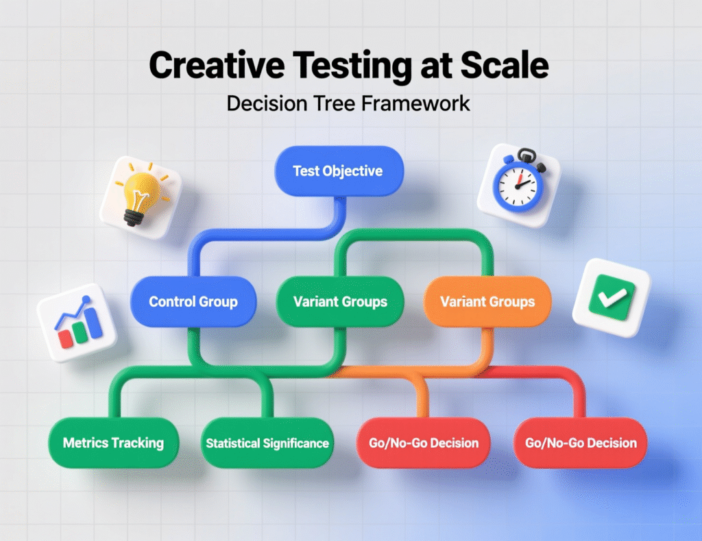 Decision tree for choosing UGC or studio based on campaign goals in creative testing at scale.