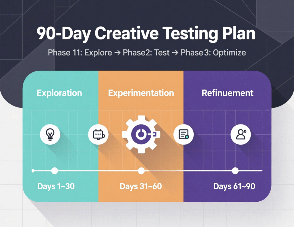 30–60–90 day roadmap for creative testing at scale across UGC and studio