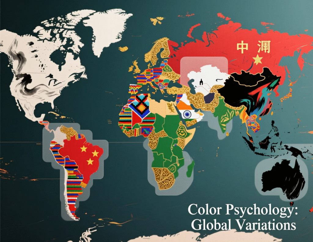“Map illustrating cultural variations in color psychology associations.”