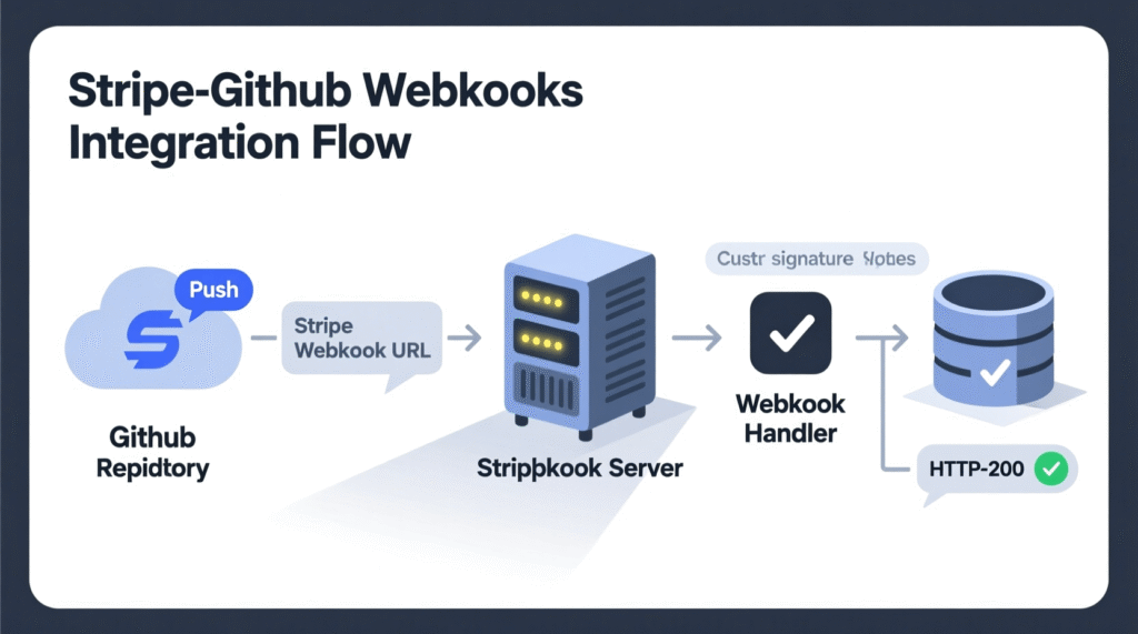 “Stripe and GitHub webhook event flow with retries and logs.”