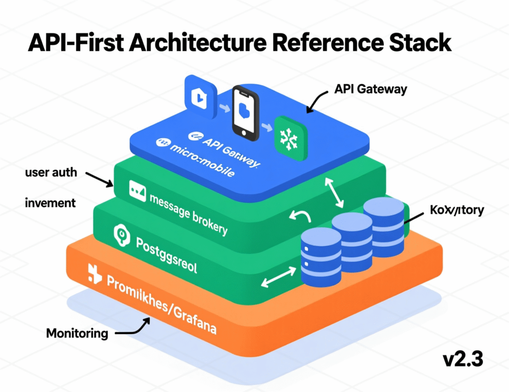“Reference stack for API-First Architecture with gateway, services, and developer portal”