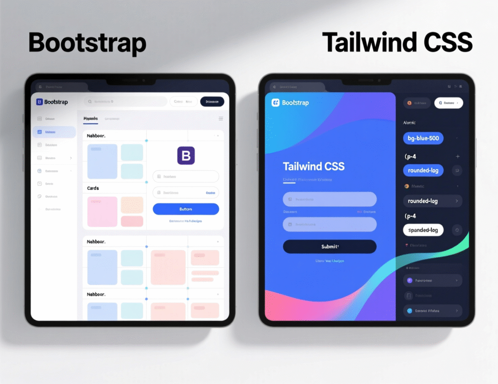 Comparison chart of Bootstrap vs Tailwind vs Material UI for business sites
