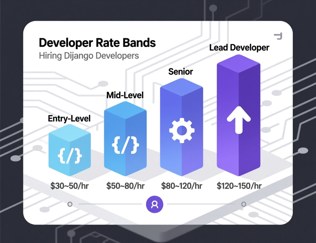 Global rate bands and team compositions to hire Django developers.