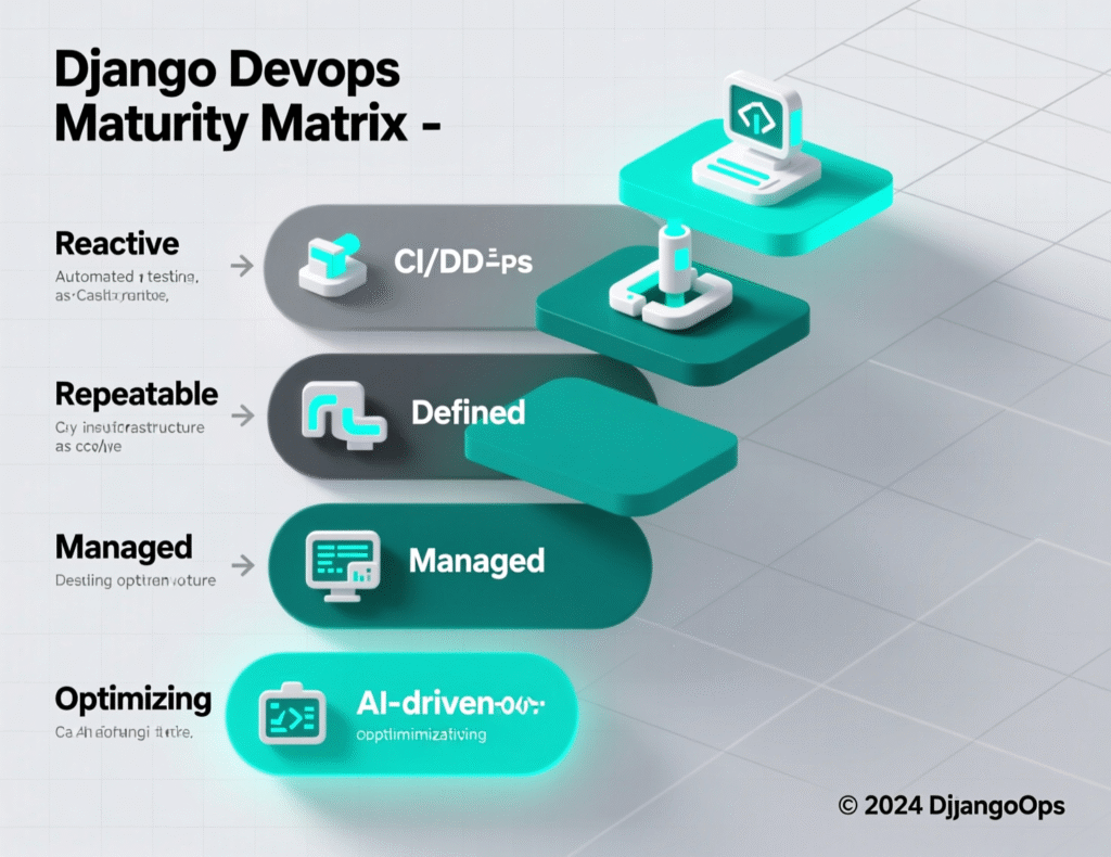DevOps maturity matrix for Django projects with CI/CD, IaC, Observability, Operations”
