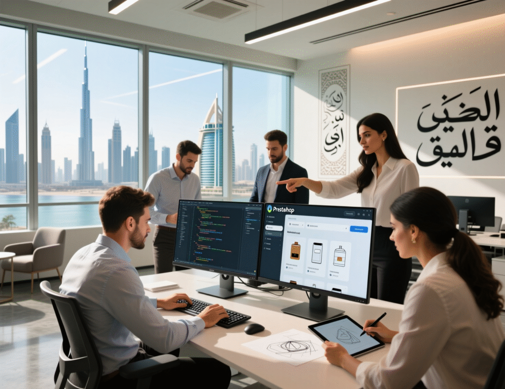 “Development team in a UAE office working on a Prestashop ecommerce project.”