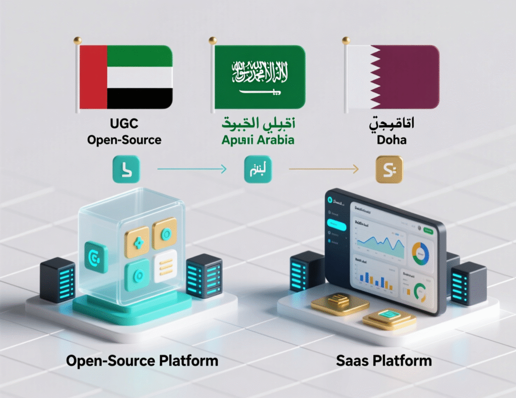 “Illustration comparing open-source ecommerce and SaaS for GCC retailers.”