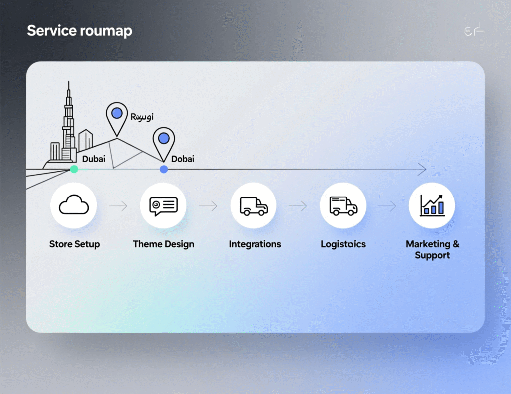 “Roadmap of Prestashop services for Dubai, Riyadh and Doha ecommerce projects.”