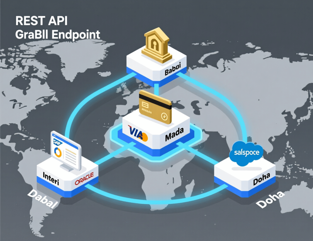 Diagram of API-based backend development services for fintech, government and ecommerce in GCC