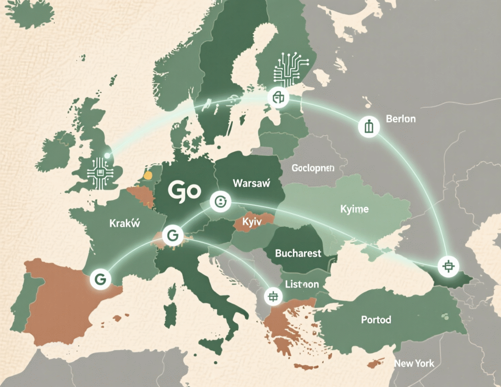 Map of popular European hubs for nearshore Golang development services