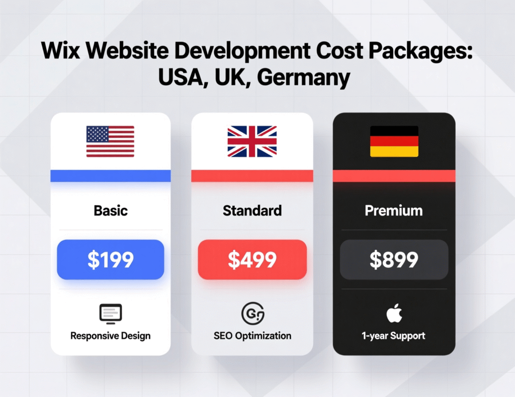 “Comparison of Wix website development cost and packages in USA, UK and Germany”