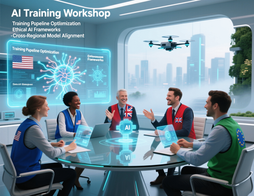 Team workshop building AI prompting skills across US, UK and EU offices