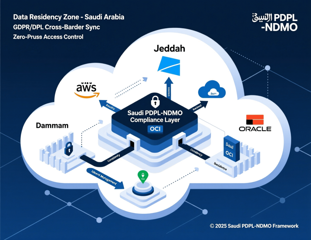 Diagram showing Saudi PDPL, NDMO and SAMA compliant multi cloud architecture in Middle East