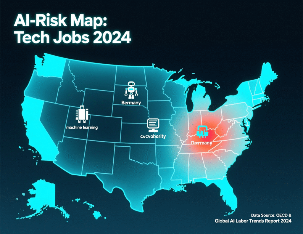 Risk map of tech jobs by AI impact in the US, UK and Germany for software developers.