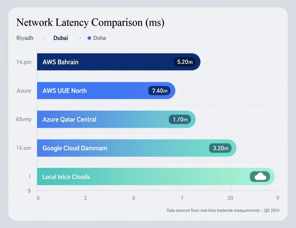 Latency comparison chart for Riyadh, Dubai and Doha across Middle East cloud providers