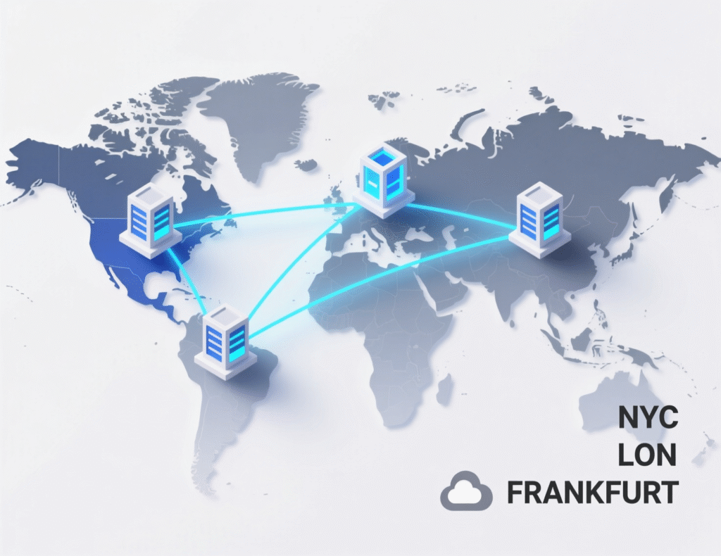 Map-style illustration of low-latency workloads using colocation in New York, London and Frankfurt