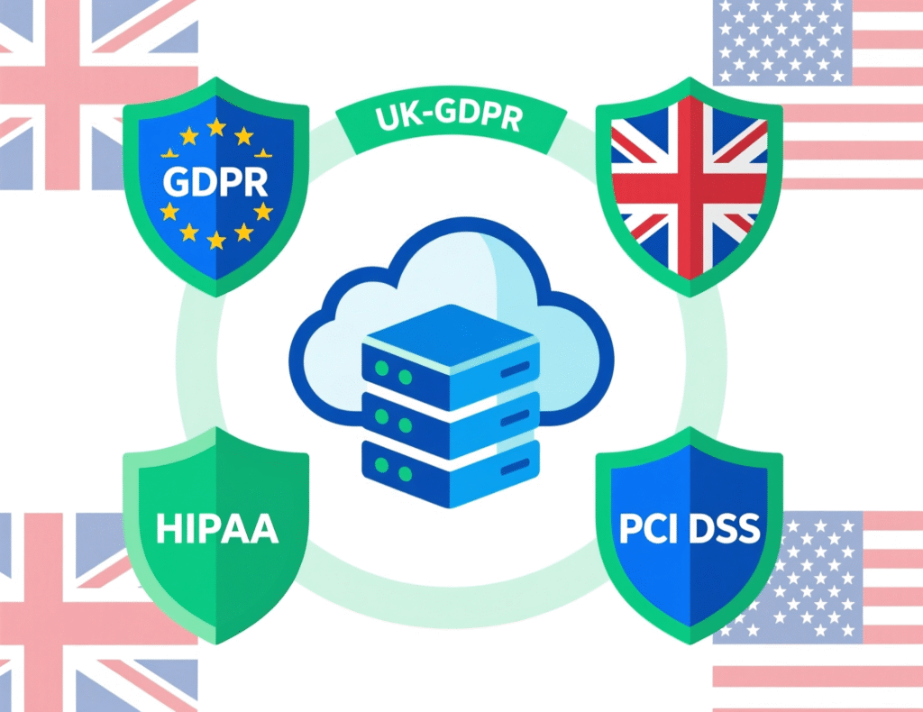 Compliance badges for GDPR, UK-GDPR, HIPAA and PCI DSS around cloud repatriation decision
