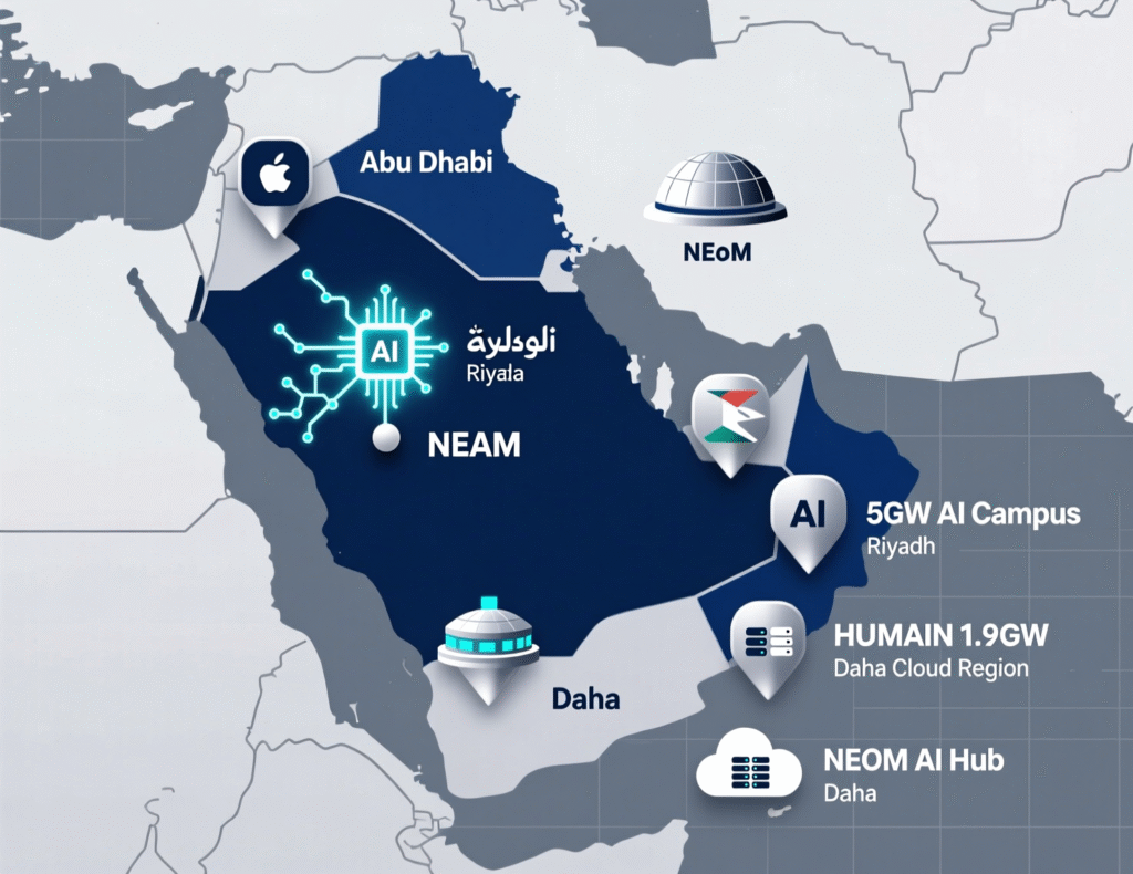 Map-style graphic comparing Abu Dhabi 5GW AI campus, Saudi HUMAIN and Qatar AI data centers