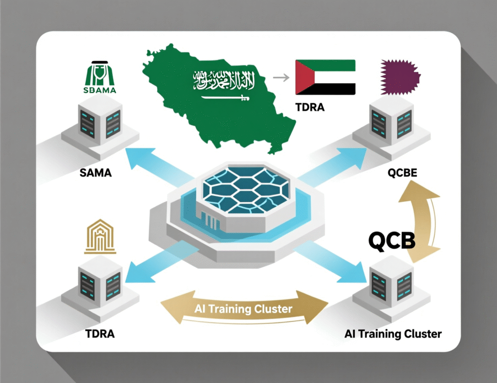 Diagram of sovereign AI compute architecture for GCC banks using Abu Dhabi 5GW AI data center