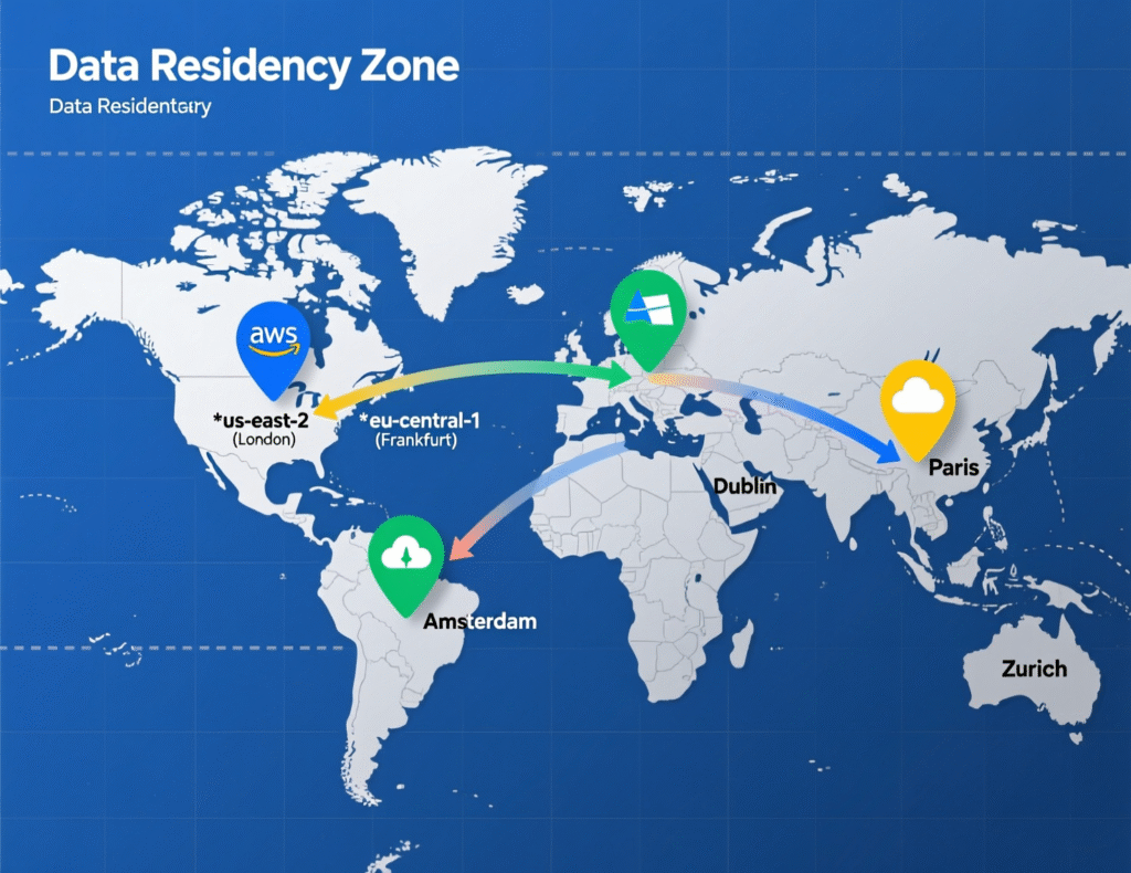 Map of AWS, Azure and Google Cloud regions and latency for US, UK, Germany and EU