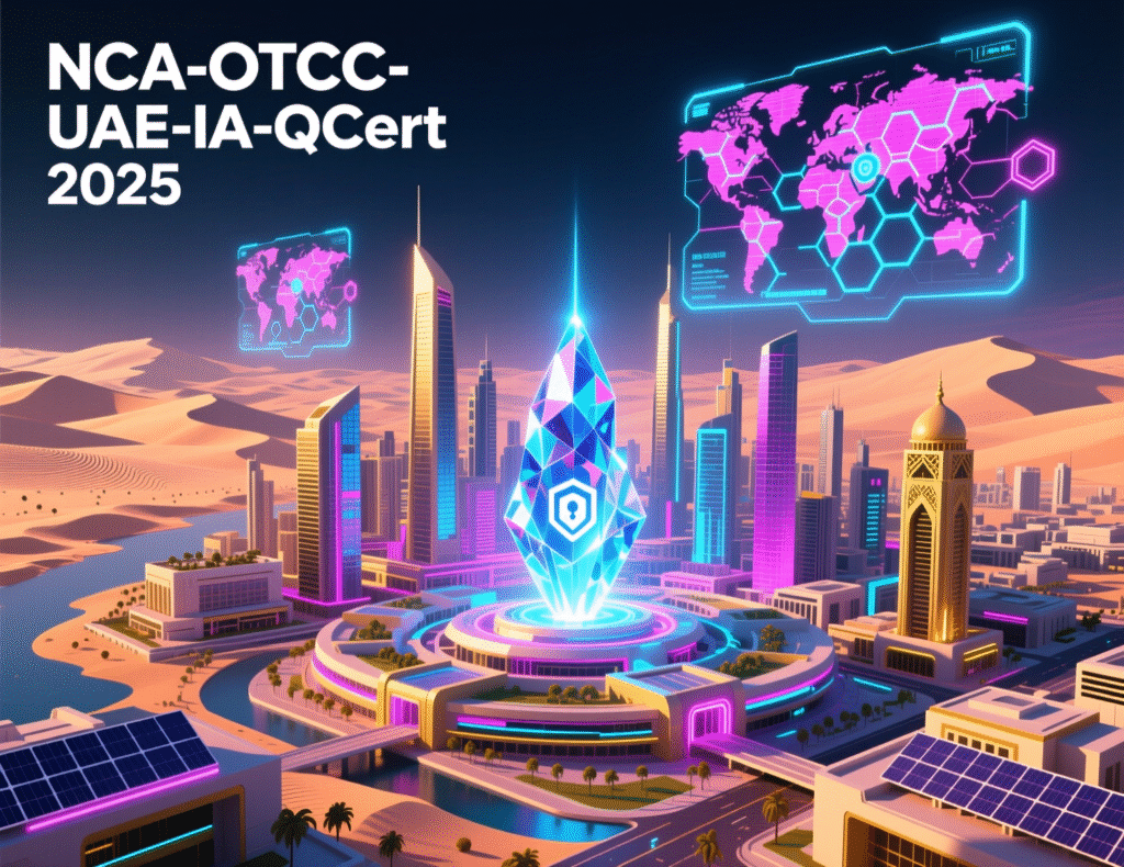 Diagram mapping GCC oil and gas cybersecurity controls to NCA OTCC, UAE IA and Q-CERT frameworks