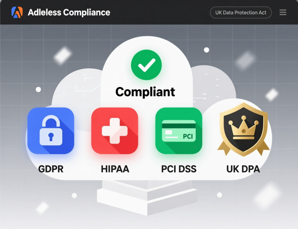 Visual showing serverless compliance considerations for GDPR, HIPAA and PCI DSS in US, UK, EU